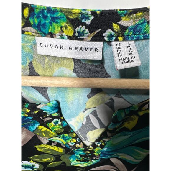 Susan Graver Liquid Knit Split Neck Tunic Floral Teal Blue Green 3/4 Sleeve Sz L - Picture 6 of 11